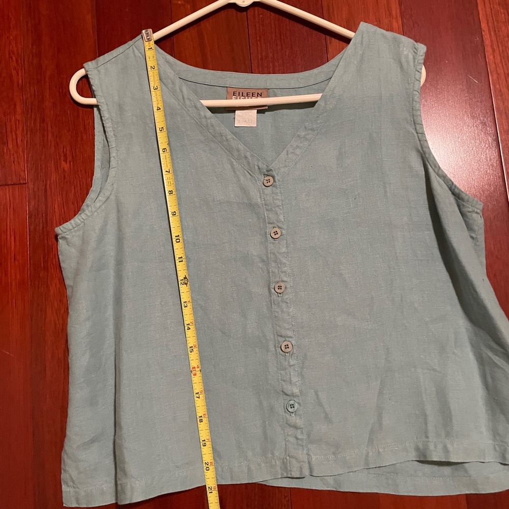 Eileen Fisher Vintage Light Teal Linen Button Vest & Shorts outfit or separates. - Picture 13 of 13